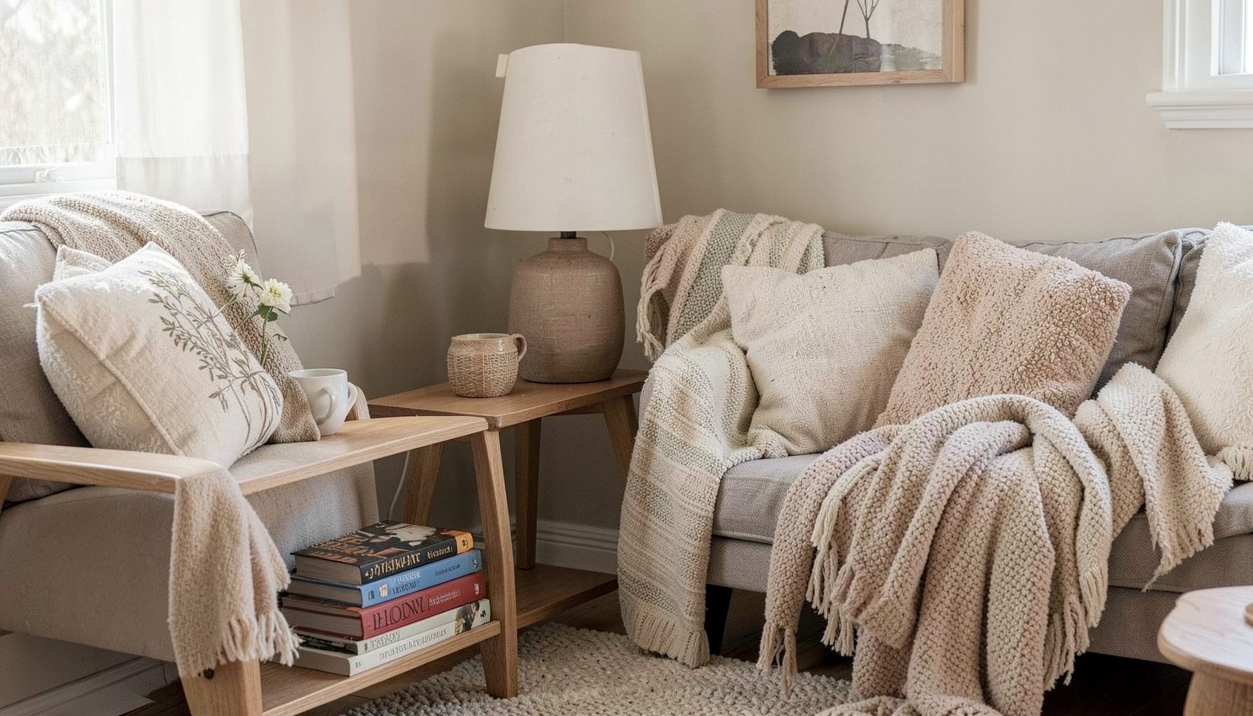 A cozy corner of a home with personal touches, books, and layered textiles suggesting a recent move and settling in
