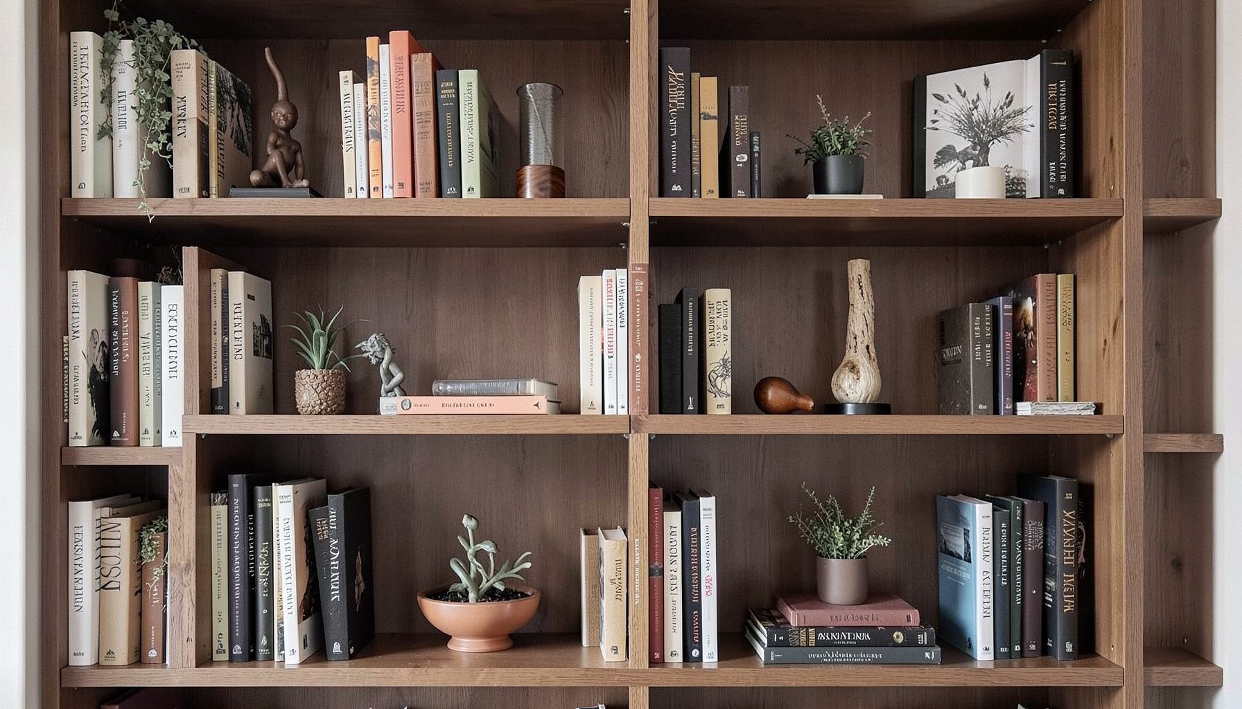 A beautifully styled bookshelf with books arranged both vertically and horizontally, interspersed with decorative objects and warm lighting
