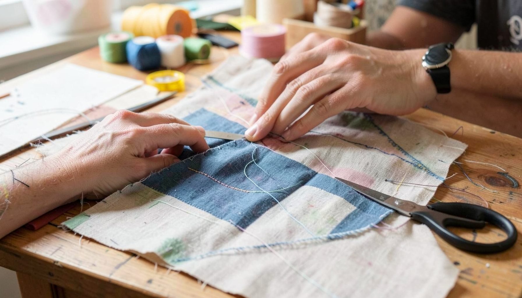 A hands-on sewing project with fabric, scissors, and thread on a worktable, capturing the DIY spirit of making a pillow cover