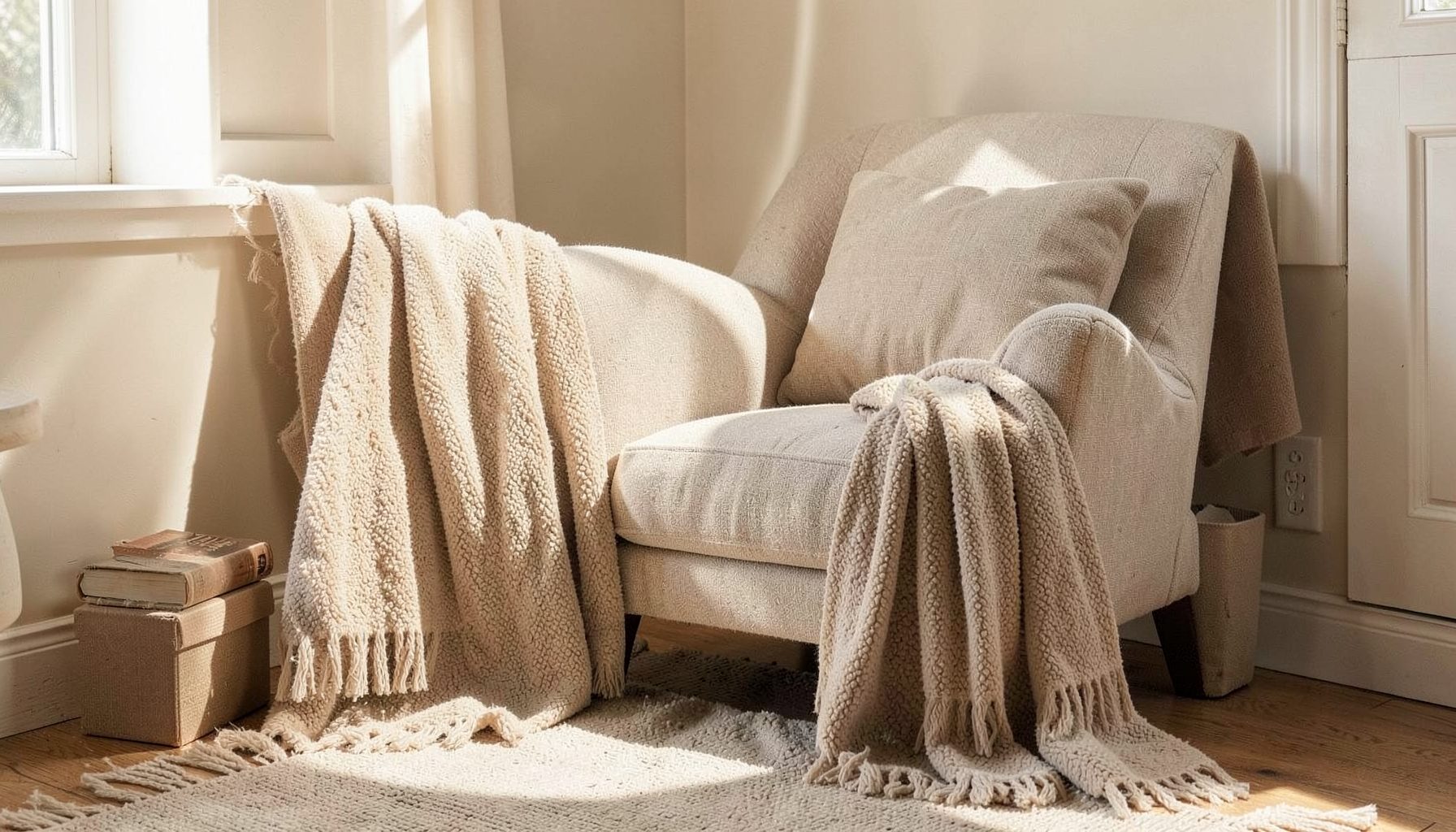 A sunlit living room corner with layered textiles, a comfortable armchair, and warm neutral tones creating an inviting corner