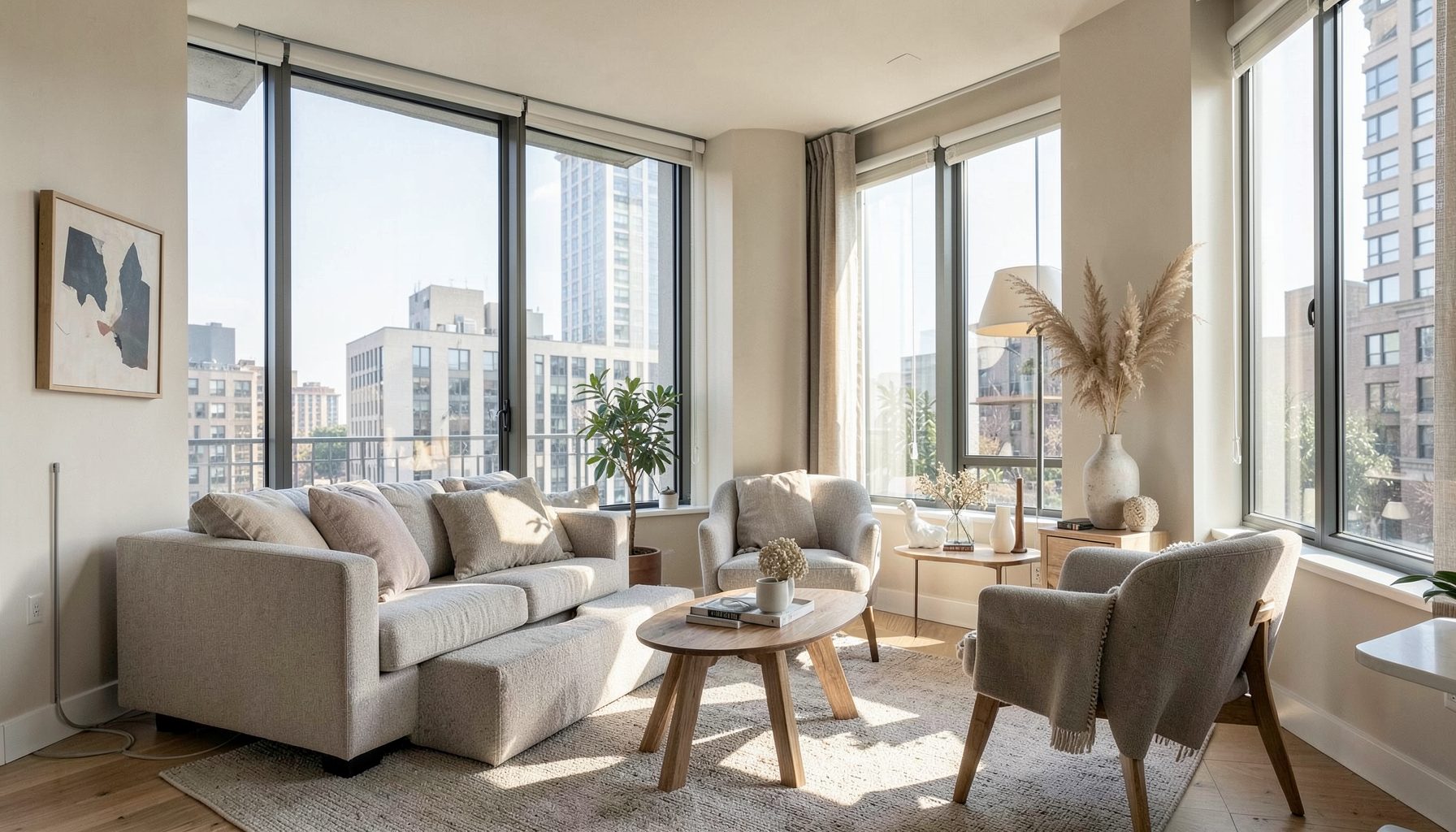A sunlit urban apartment interior with tall windows, neutral furnishings, and curated decor reflecting city style