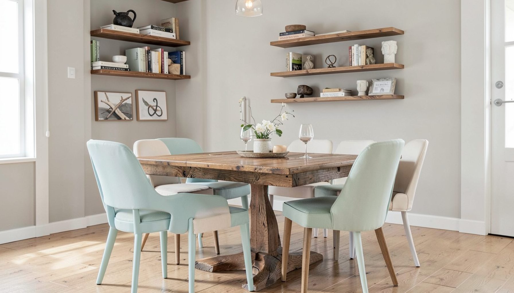 A dining room with freshly painted chairs in a soft hue, a refinished wood table, and floating shelves styled with books and objects
