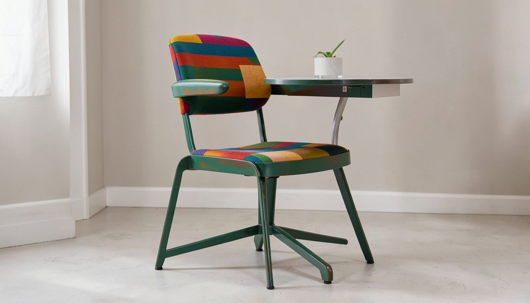 A painted desk chair in a bold accent color against a neutral room backdrop