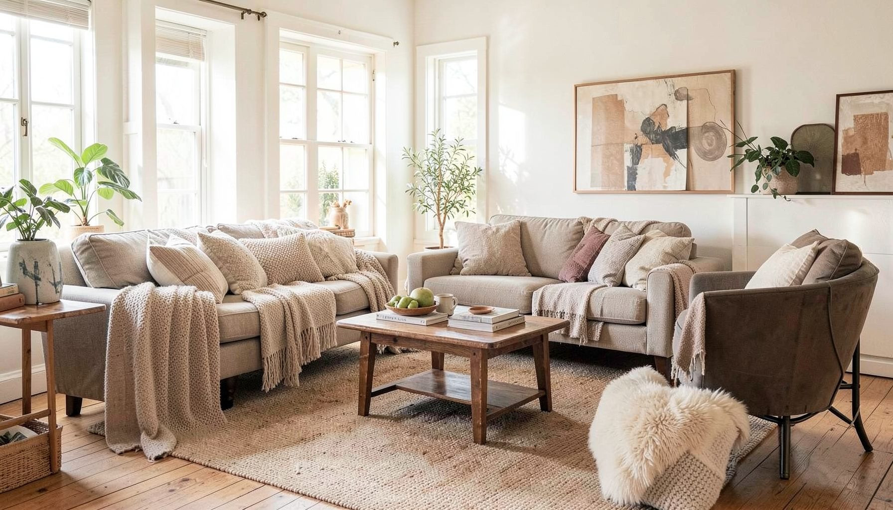 A bright airy living room with layered neutral textiles, warm wood tones, and a mix of vintage and modern furniture creating a collected feel