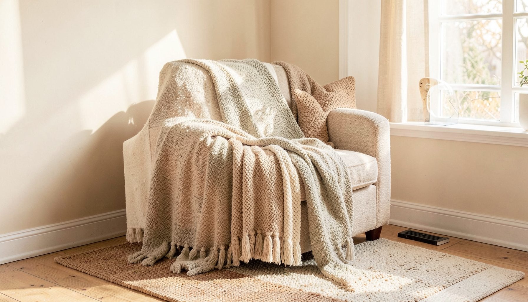 A bright, airy living room corner with layered textiles, a comfortable armchair, and warm natural light