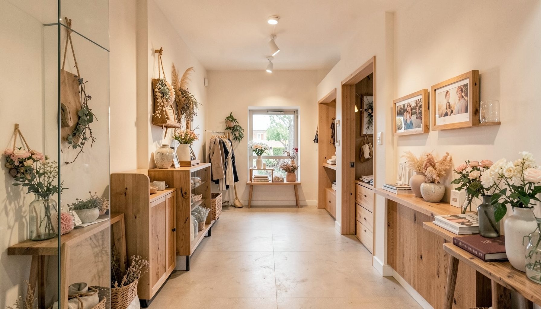 A welcoming entryway with soft lighting and curated displays, warm and inviting atmosphere